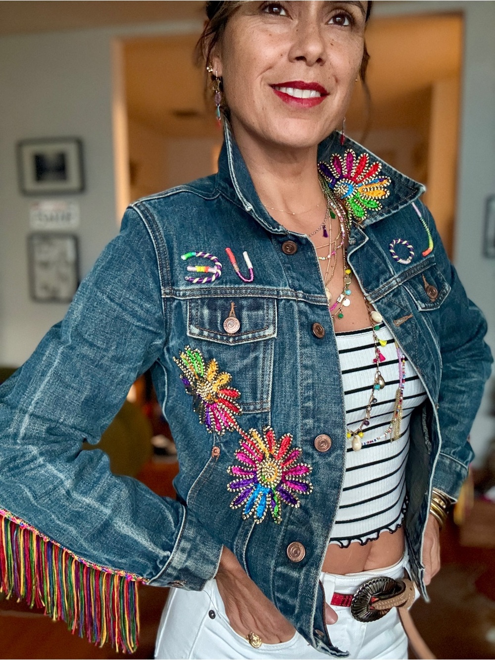 Upcycle Denim Jacket with Beads, Floral Patches and Fringes Jacket | Small